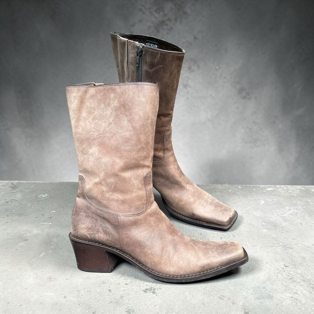 Diba Nubuck Leather Western Boots Distressed Boho Festival Mid Calf Square Toe 9